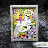 Halloween shaker card with witch, ghost and pumpkins, 'happy Halloween,' 'BOO.'