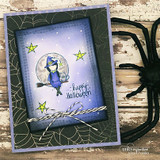 Witch girl on a broom under stars, 'happy Halloween,' navy night card.