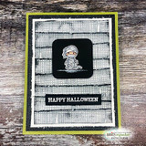 Mummy in a small frame on a textured card, 'HAPPY HALLOWEEN.'