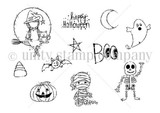 Uncolored red rubber Halloween characters — witch, ghost, mummy, skeleton, pumpkin — with 'happy Halloween.'