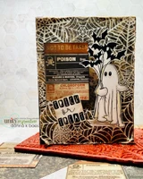 Vintage apothecary Halloween card over sepia webs. Poison labels with bats.