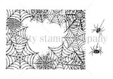 Entanglement red rubber stamp art by Angie Blom — A2 spiderweb border background with two spiders