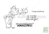 Line-art stamp sheet: Lisa Glanz's top-hatted toad with 'Hi there, how are you?' and 'you are pretty much amazing' red rubber stamps, Unity Stamp Co.