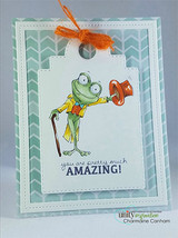 Lisa Glanz's dapper top-hatted toad with cane and monocle saying 'Hi there, how are you?', a whimsical red rubber stamp shown on a card.