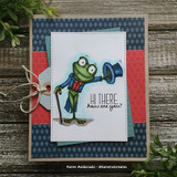 Lisa Glanz's dapper top-hatted toad with cane and monocle saying 'Hi there, how are you?', a whimsical red rubber stamp shown on a card.