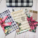 Rustic Winter Wishes papers styled with buffalo plaid and red poinsettias and a 'Silent Night' tag