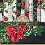Rustic Winter Wishes 6x6 paper pack promo showing the full range of Christmas prints and a poinsettia spray