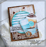 Card made with the Coffee Lovers paper featuring a striped coffee cup and "Warm hugs & coffee wishes," on a doily