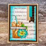 Card with an iced coffee and a floral image on coffee-print papers and the "coffee is life" sentiment