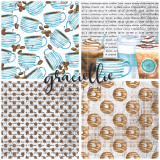 Two Coffee Lovers patterned papers — blue coffee-cup stripes and a brown dot print