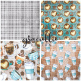 Two Coffee Lovers patterned papers — gray plaid and a teal coffee-heart print