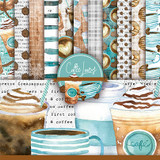 Layout of the full Coffee Lovers paper pack patterns fanned out with a coffee-cup tag