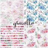 Blue watercolor floral papers from the Pink & Blue Watercolored pack with dot and script prints.