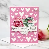 Card using Pink & Blue Watercolored paper. A pink heart print with roses and 'You are so very loved.'
