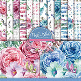 Pink & Blue Watercolored 6x6 paper pack — soft watercolor roses and peonies in pink and blue with script text, dots and stripe prints.