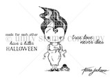 Line-art stamp sheet: Tierra Jackson's Bride of Frankenstein with 'have a killer HALLOWEEN' and 'true love never dies' red rubber stamps, Unity Stamp Co.