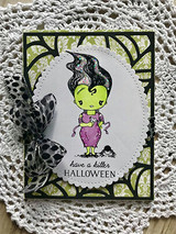 Tierra Jackson's whimsical Bride of Frankenstein with beehive hair and 'have a killer Halloween,' a red rubber stamp shown on a spooky card.