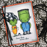 Tierra Jackson's whimsical Bride of Frankenstein with beehive hair and 'have a killer Halloween,' a red rubber stamp shown on a spooky card.