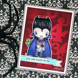 Card with the caped little vampire on a red-and-damask panel and 'you can count on me.'