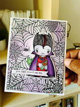 Spiderweb card with the little vampire and 'you can count on me.'