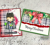 Two cards side by side — the little vampire with 'Happy Halloween' beside a plaid 'Merry Christmas' card.