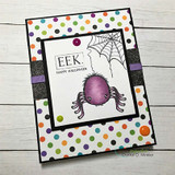 The plump purple cuddlebug spider on a bright polka-dot card — 'EEK. HAPPY HALLOWEEN.'
