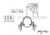 The Cuddlebug Spider red rubber stamp — a round cuddly spider hanging from a web with 'EEK. HAPPY HALLOWEEN' and 'hope your day is creepy and crawly.'