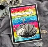 Card using the paper pack: a cat under an umbrella with 'Always look for the rainbow.'