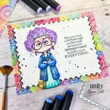 Card using the paper pack: a sassy woman with 'Once you reach a certain age you become permanently unimpressed by pretty much EVERYTHING.'