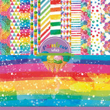 Rainbow Vibes paper pack spread — bright rainbow stripes, dots and geometric prints with an ice cream motif.