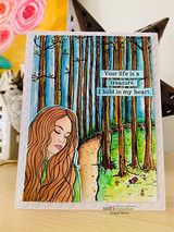 Card with a red-haired girl gazing into the stamped forest, 'Your life is a treasure I hold in my heart.'