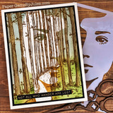 Art card pairing the woods with a woman's face stencil, 'not all who wander are lost.'