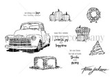 Line-art red rubber stamp of a vintage pickup truck with pumpkins, a wreath, haybale and tree, and holiday sentiments.