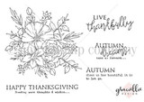 The Autumn Dreams red rubber stamp set: line-art of a floral bouquet with the sentiments 'Live thankfully', 'Autumn dreams take us forward', 'Autumn shows us how beautiful it is to let go' and 'Happy Thanksgiving, sending warm thoughts & wishes'.