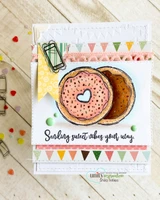 Card with a colored donut, red heart accents and a banner flag and 'Sending sweet vibes your way.'