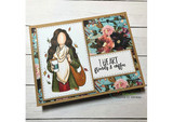 Angled card pairing the cozy girl with floral panels and 'I HEART friends & coffee'