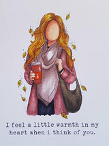 The autumn girl colored with flowing red hair, taupe scarf, and terracotta cup, sentiment below