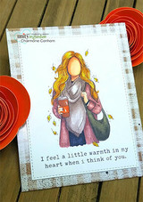 Plaid-backed card of a blonde version of the coffee girl with the little-warmth sentiment