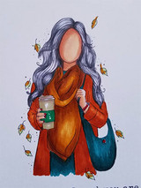 Coloring of the girl with lavender hair, orange wrap, and teal bag holding her cup