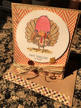 Turkey on a warm chevron kraft card, 'HAPPY THANKSGIVING (eat the ham)'.