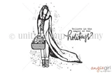 Line-art stamp sheet with a tall girl in a long flowing coat with a sweeping train carrying a handbag, beside the believe in the magic of the holidays sentiment.
