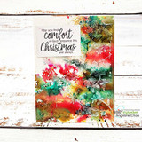 Card with a colorful mixed-media background, 'May you find comfort in God's presence this Christmas.'