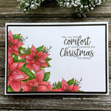Card with pink poinsettias in the corners, 'comfort in God's presence this Christmas.'
