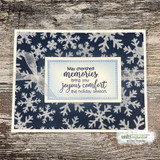 Navy snowflake card, 'May cherished memories bring you joyous comfort this holiday season.'