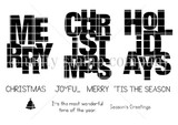 Line-art stamp sheet: bold block-letter holiday words MERRY, CHRISTMAS, HOLIDAYS, JOYFUL plus small tree and sentiments.