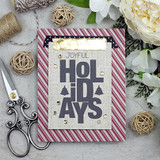Striped mauve panel card stamped with the bold 'JOYFUL HOLIDAYS' word design.