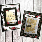 Two black-framed cards with gold 'MERRY CHRISTMAS' block-letter sentiments on holiday florals.