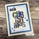 Card with the bold 'MERRY CHRISTMAS' block letters in gold over a patterned panel.
