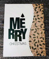 Card pairing a leopard-print panel with the green 'MERRY CHRISTMAS' block letters.