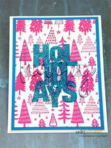 Pink and teal tree-print card with the bold 'HOLIDAYS' block-letter word.